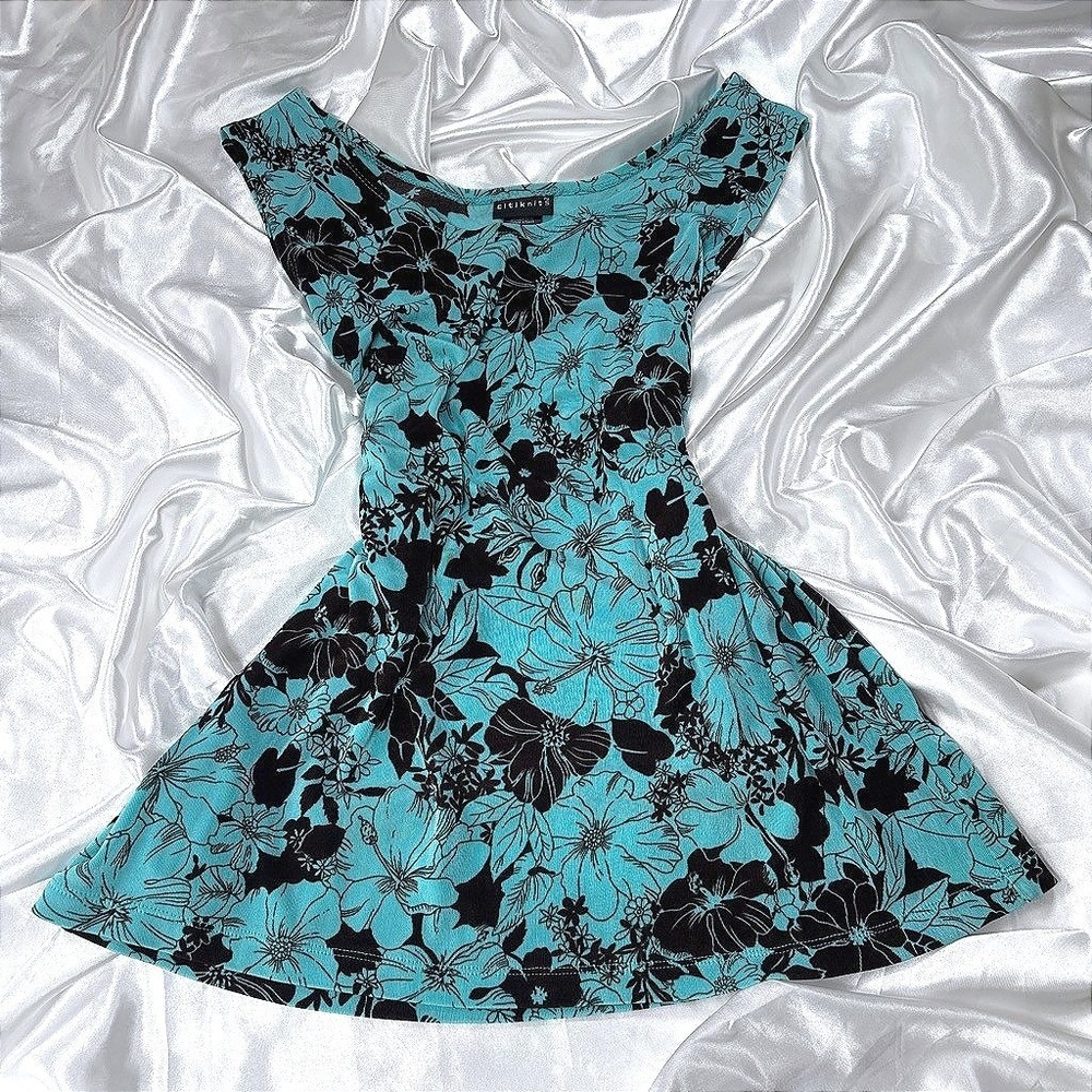 y2k Citiknits Floral Mini Dress Turquoise Hibiscus Skater Scoop Neck
